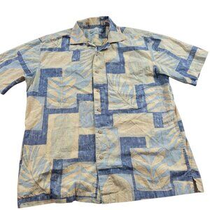Batik Bay Shirt Mens Medium Blue Tan Geometric Hawaiian Island Reverse Print